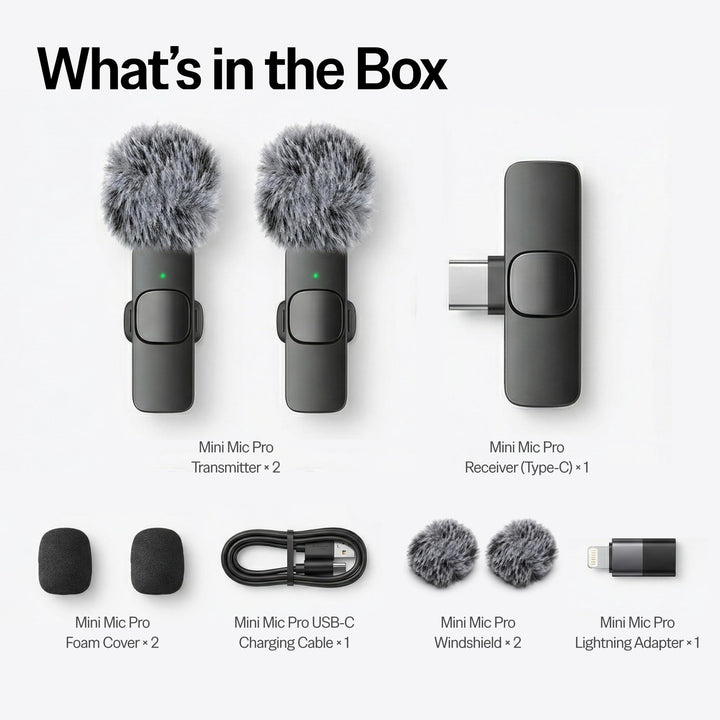 Mini Mic Pro (Latest Model - Wireless Mini Microphone for iPhone, iPad, Android - 2 Pack Lavalier Microphone for Video Recording - iPhone Mic Crystal Clear Recording with USB-C for Content Creators - Deeunta Domain