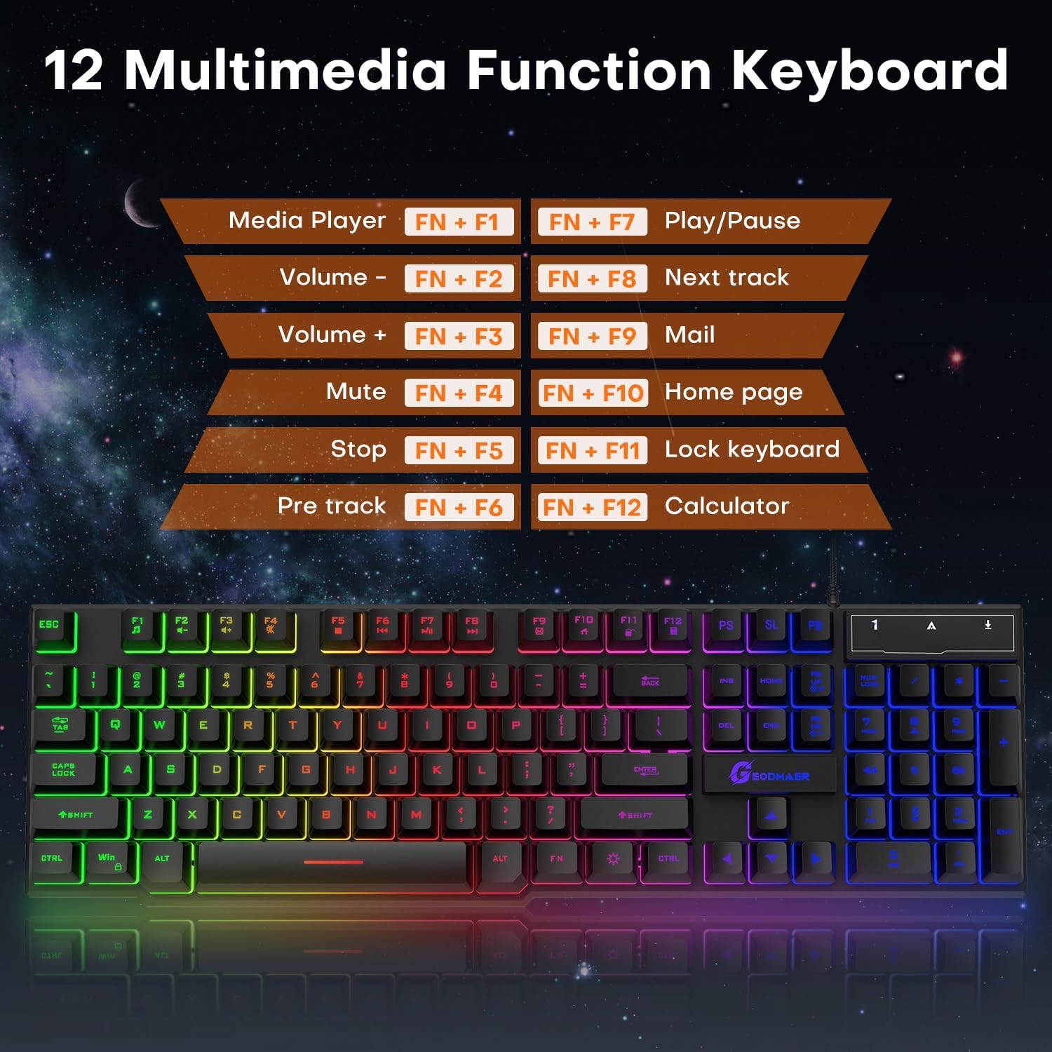 GEODMAER 104 Keys Gaming Keyboard, Full Size LED Backlit Wired Keyboard with Multimedia Keys, Anti-Ghosting, Spill-Resistant Membrane Gaming Keyboard for PC Laptop - Deeunta Domain
