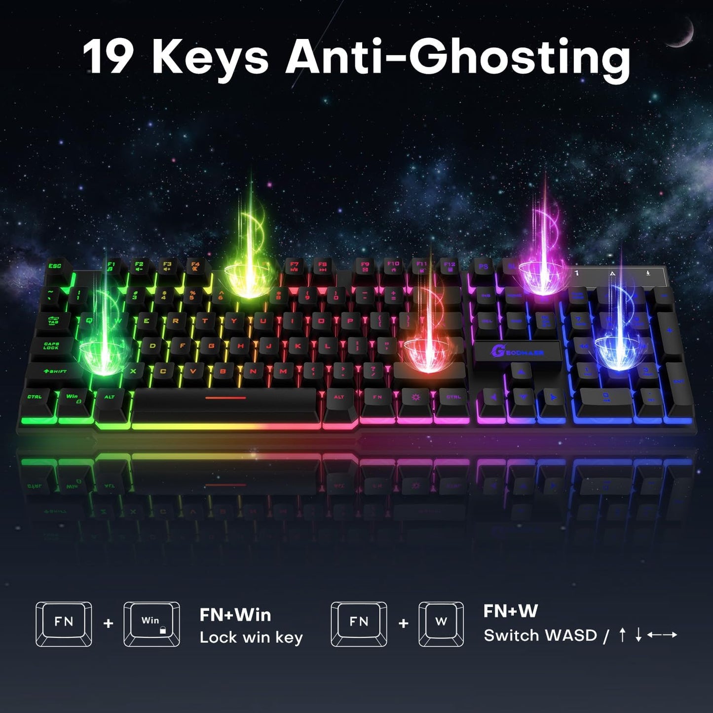 GEODMAER 104 Keys Gaming Keyboard, Full Size LED Backlit Wired Keyboard with Multimedia Keys, Anti-Ghosting, Spill-Resistant Membrane Gaming Keyboard for PC Laptop - Deeunta Domain
