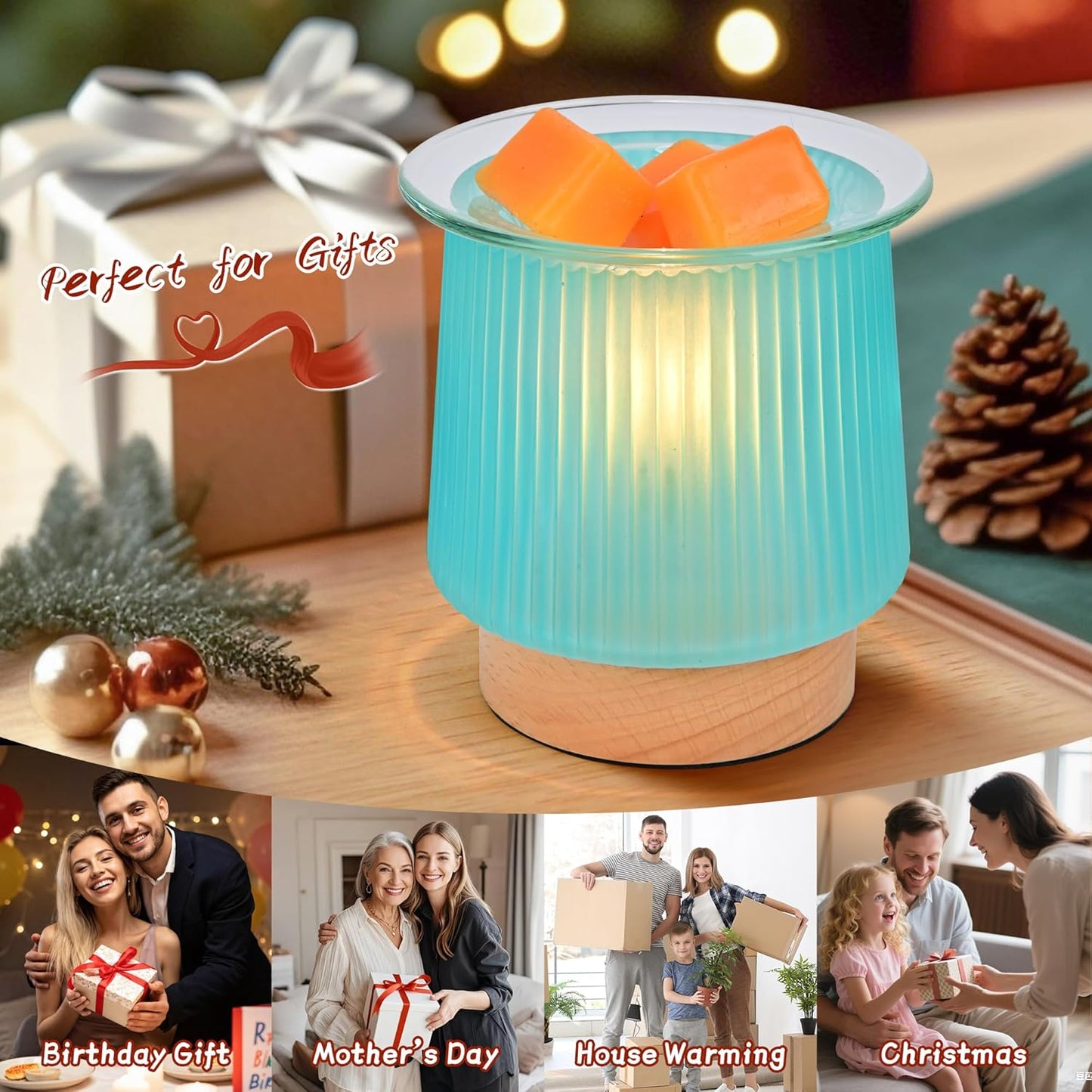 Glass Wax Melt Warmer with Bulb Heating, Elegant Cyan Glass Design, Quickly Melts Wax Blocks, Releases Long-Lasting Fragrance, Perfect Candle Wax Burner and Night Light for Home Kitchen Décor Gifts