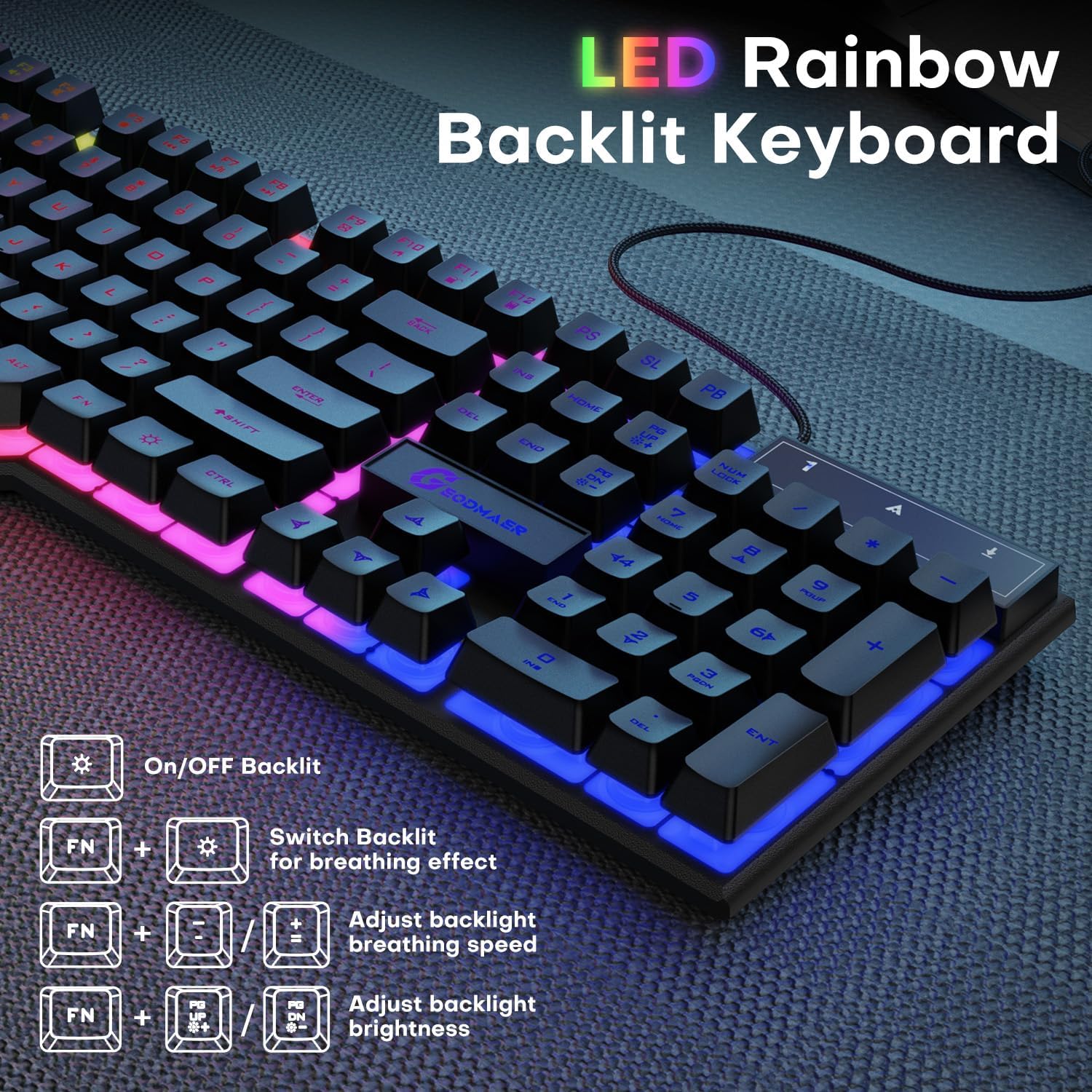 GEODMAER 104 Keys Gaming Keyboard, Full Size LED Backlit Wired Keyboard with Multimedia Keys, Anti-Ghosting, Spill-Resistant Membrane Gaming Keyboard for PC Laptop - Deeunta Domain