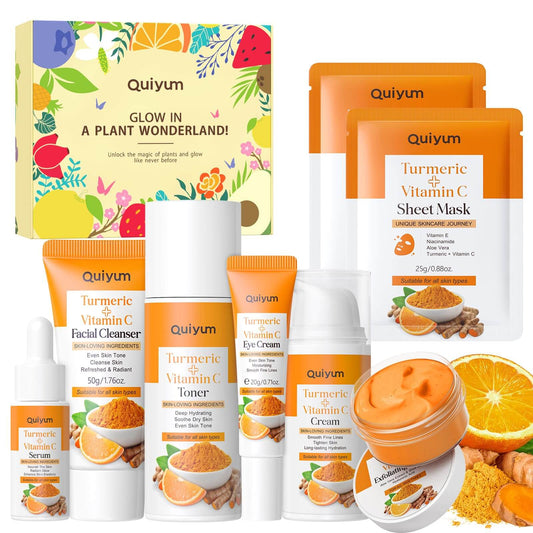 QUIYUM Skin Care Set, Turmeric Vitamin C Skincare 7PCS - Facial Skin Care Routine Kit for Women, Dark Spot Remover for Face, Reduce Acne, Oil Control, Deep Clean, Birthday Mother's Day Gifts Sets - Deeunta Domain