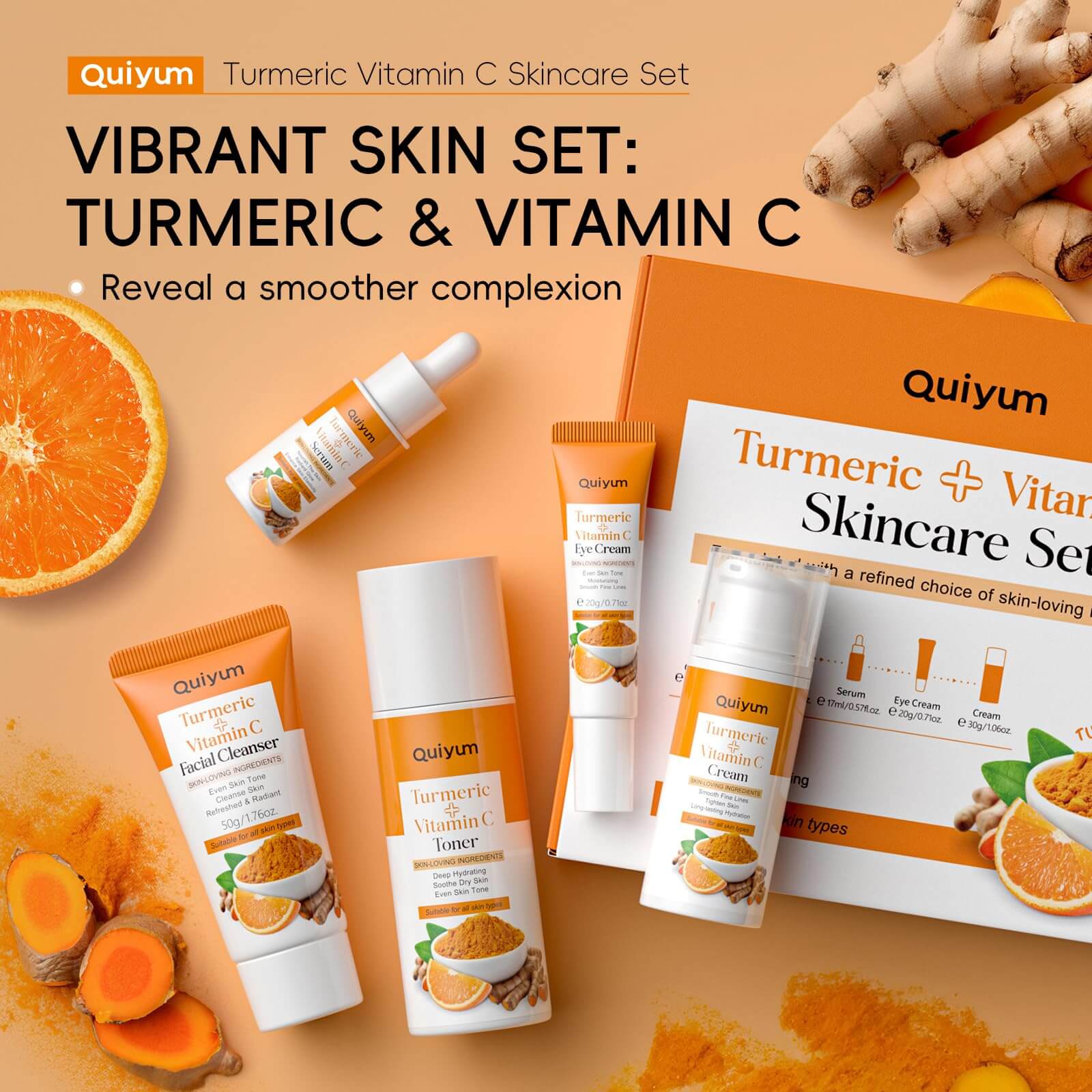 QUIYUM Skin Care Set, Turmeric Vitamin C Skincare 7PCS - Facial Skin Care Routine Kit for Women, Dark Spot Remover for Face, Reduce Acne, Oil Control, Deep Clean, Birthday Mother's Day Gifts Sets - Deeunta Domain